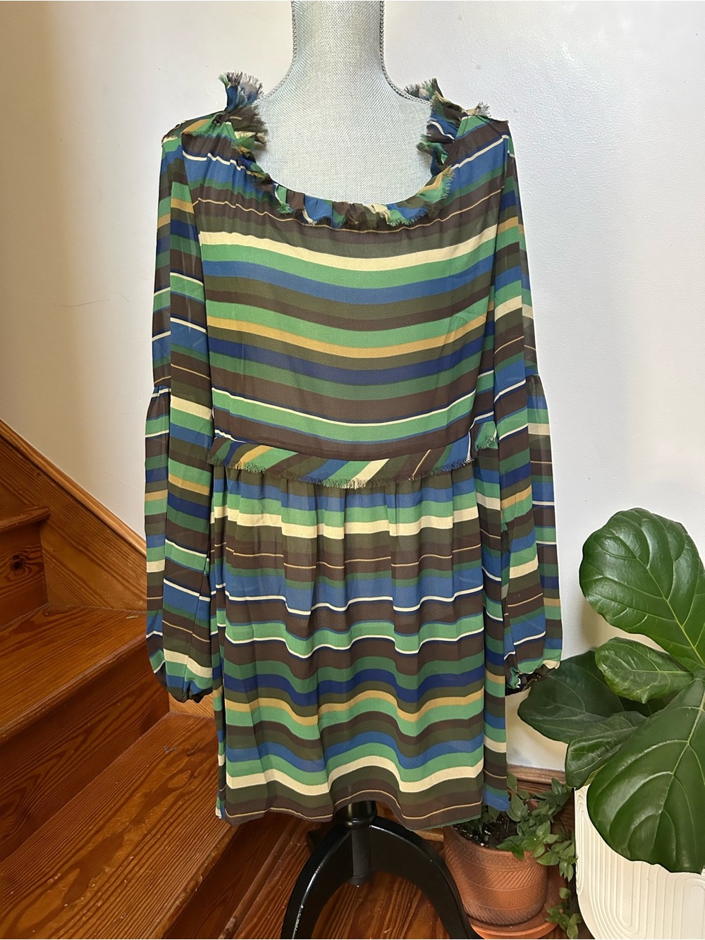 Striped Long-Sleeve Dress in Green & Blue
